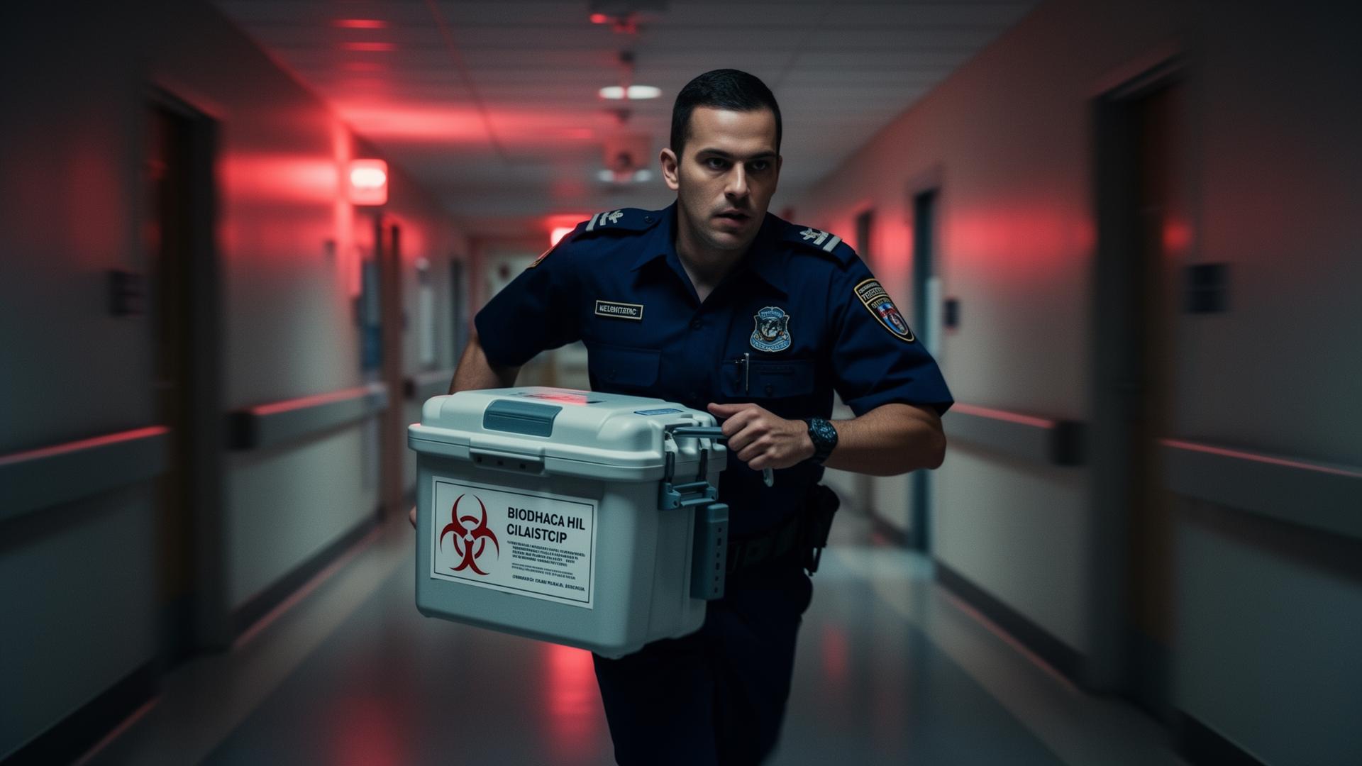 Medical courier carrying a marked medical transport cooler through a hospital corridor